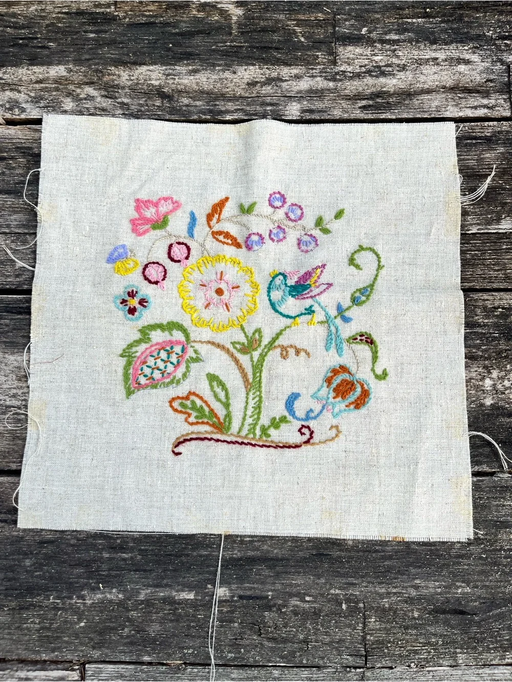 Vintage Finished Crewel Embroidery Fabric Square Bird & Floral Design (Unframed)